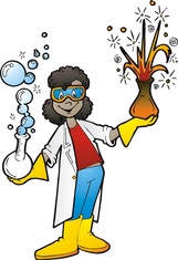 Picture of a girl scientist with goggles on holding a flask in each hand.